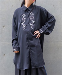 蛇×蓮刺繍ロングシャツ(月白-M)