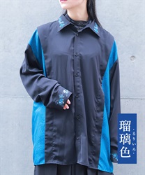 菊刺繍ジャガード切替シャツ(瑠璃色-M)