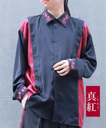 菊刺繍ジャガード切替シャツ(真紅-M)