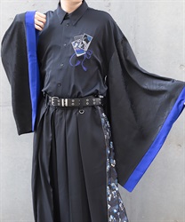 花札刺繍和袖シャツ(瑠璃色-M)