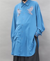 鴉刺繍ロングシャツ(瑠璃色-M)