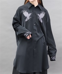 鴉刺繍ロングシャツ(漆黒-M)