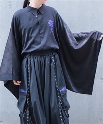 牡丹刺繍和袖シャツ(瑠璃色-M)