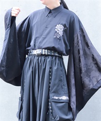 牡丹刺繍和袖シャツ(月白-M)