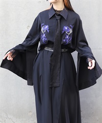 椿×水引刺繍ボウタイ付シャツ(瑠璃色-M)