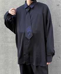 タイ付扇子刺繍シャツ(瑠璃色-M)