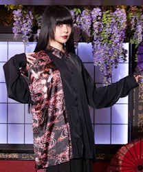 鶴×月プリントシャツ(真紅-M)