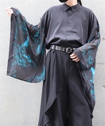 鯉×蓮シアー和袖シャツ(孔雀青-M)