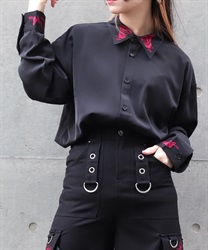 蝶刺繍シャツ(真紅-M)