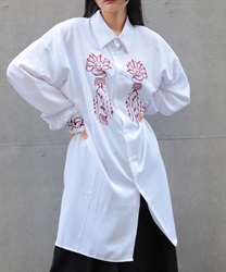 九尾狐刺繍ロングシャツ(白百合色-M)