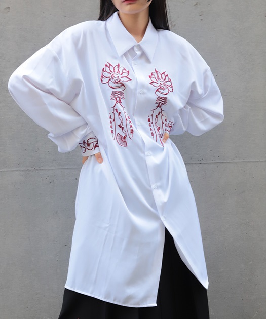 九尾狐刺繍ロングシャツ