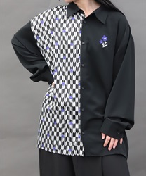 桔梗×矢絣プリントシャツ(漆黒-M)