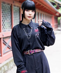 彼岸花×月刺繍シャツ(真紅-M)