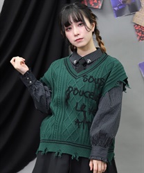 コード刺繍ニットベスト(グリーン-M)