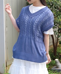 ニットベスト×Ｔシャツセット(ブルー-F)