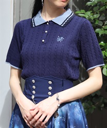 刺繍入り配色襟ニットポロ【WEB先行販売】(紺-F)