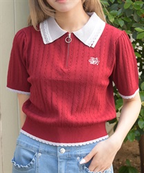 刺繍入りジップニットポロ(赤-F)