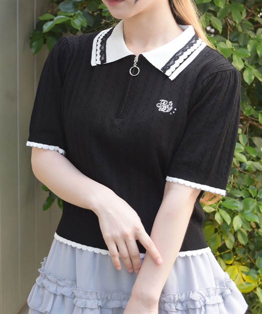 刺繍入りジップニットポロ(黒-F)