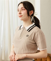 刺繍入りジップニットポロ【予約】(グレージュ-F)