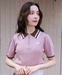 刺繍入りジップニットポロ【予約】(ピンク-F)