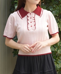 バイカラーフリルニットポロ【WEB先行販売】(ピンク-F)
