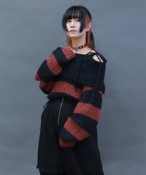 ボーダーオフショルニットプルオーバー(ワイン-M)