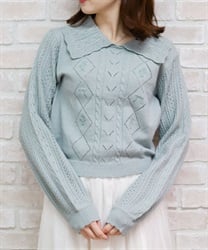 ブーケ刺繍ビッグ襟ニットプルオーバー【2点10%OFF対象商品】(グリーン-M)
