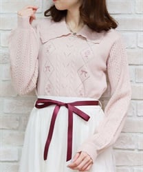 ブーケ刺繍ビッグ襟ニットプルオーバー【2点10%OFF対象商品】(ピンク-M)