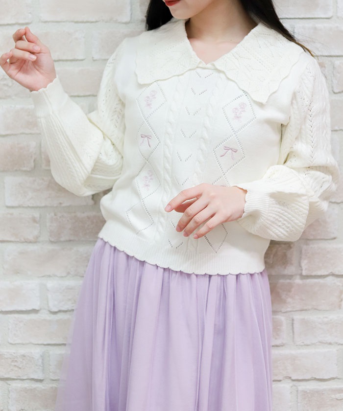 ブーケ刺繍ビッグ襟ニットプルオーバー | 衣料 | axes femme
