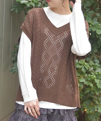ニットベスト×Ｔシャツセット(茶-F)