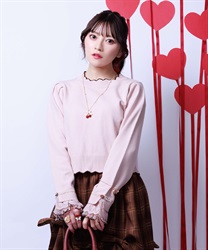 ハート釦バイカラーニットプルオーバー(ピンク-F)