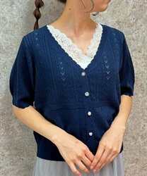 接触冷感透かし編みニットカーディガン(紺-F)