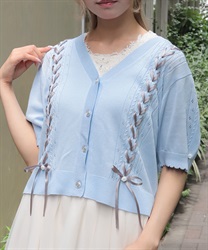接触冷感レースアップカーディガン【ランク別お値下げ対象商品】(サックス-F)