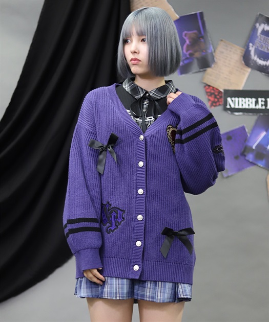 刺繍ワッペンスクールカーディガン(パープル-M)