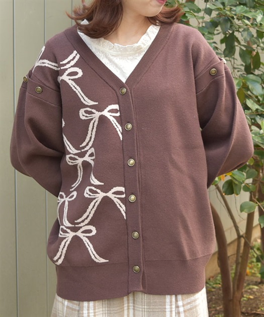 リボンジャガードバイカラーカーディガン | レディース服 リボンジャガードバイカラーカーディガン | レディース服