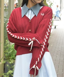 ＵＶカット編み上げニットカーディガン(赤-F)