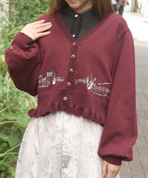 音楽刺繍ショートニットカーディガン【WEB先行販売】(ワイン-F)