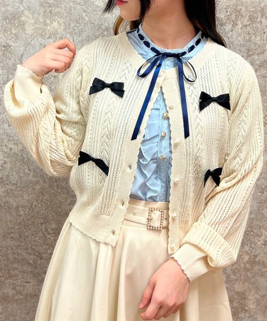 リボン付透かし編みニットカーディガン | レディース服 リボン付透かし編みニットカーディガン | レディース服