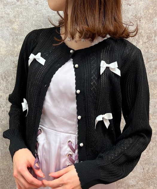 リボン付透かし編みニットカーディガン | レディース服 リボン付透かし編みニットカーディガン | レディース服