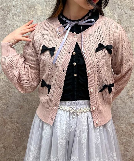 リボン付透かし編みニットカーディガン | レディース服 リボン付透かし編みニットカーディガン | レディース服