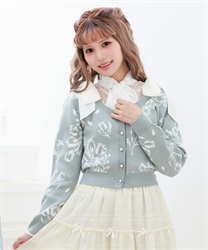 フラワージャカードニットカーディガン【2点10%OFF対象商品】(グリーン-M)