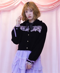 袖口レース衿付きニットカーディガン【期間限定価格】(黒-M)