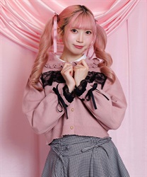 袖口レース衿付きニットカーディガン【期間限定価格】(ピンク-M)