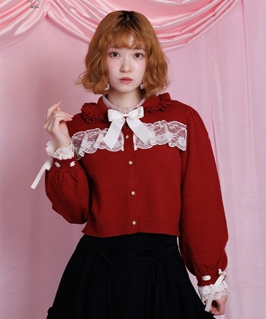 袖口レース衿付きニットカーディガン