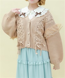 編み上げ×チュールフリルカーディガン(キャメル-M)