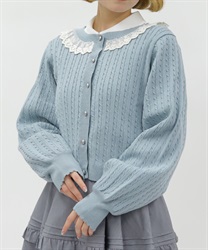 ケーブル柄バックリボンカーディガン(サックス-M)