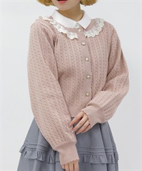 ケーブル柄バックリボンカーディガン(ピンク-M)