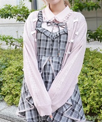 リボン付き透かし編みカーデ(ピンク-M)