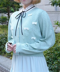 リボン付き透かし編みカーデ(ミント-M)