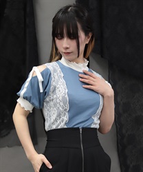 バイカラー肩あきカットプルオーバー【WEB先行販売】(サックス-M)